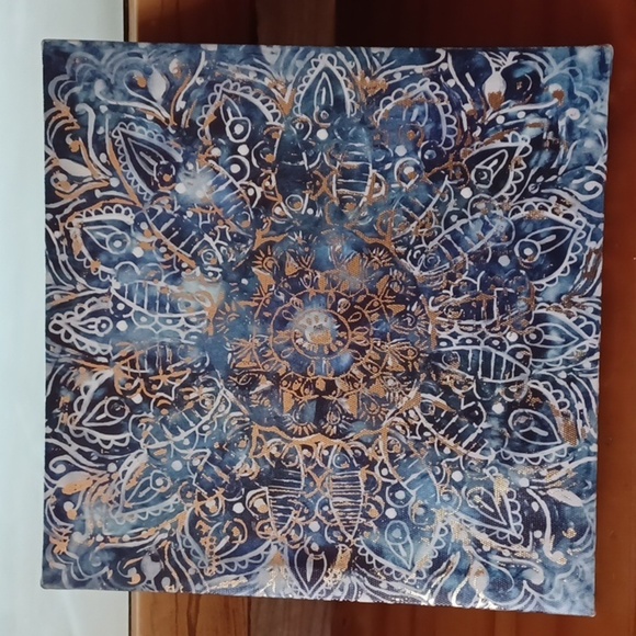 Wall Decor New Golden Flower On Blue Painted Canvas New 8x8 - Picture 3 of 6